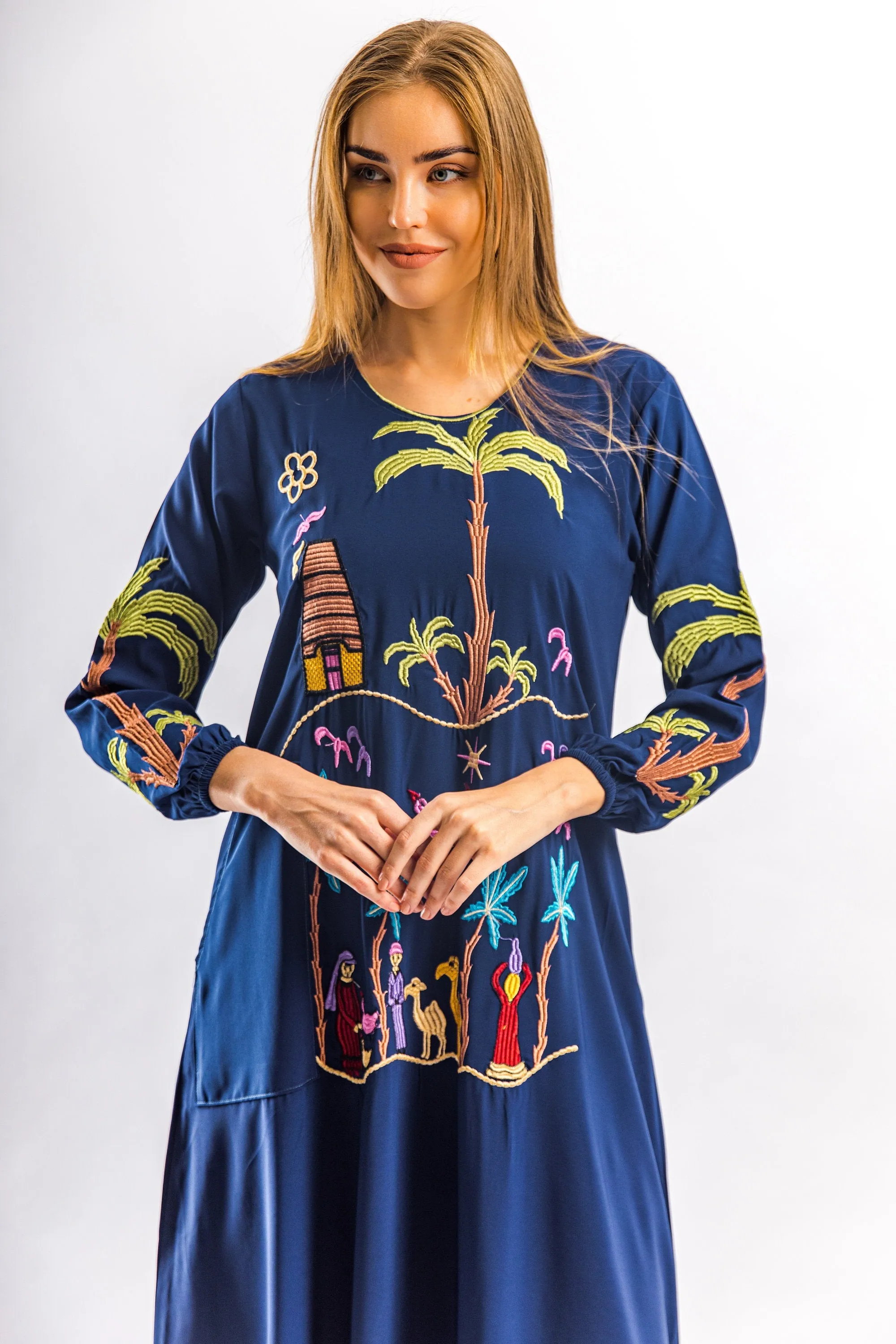 Navy Blue Kaftan dress with pocket, Egyptian embroidery Kaftan dress, Vibrant boho dress, Kaftans for women, caftans for women, kaftans