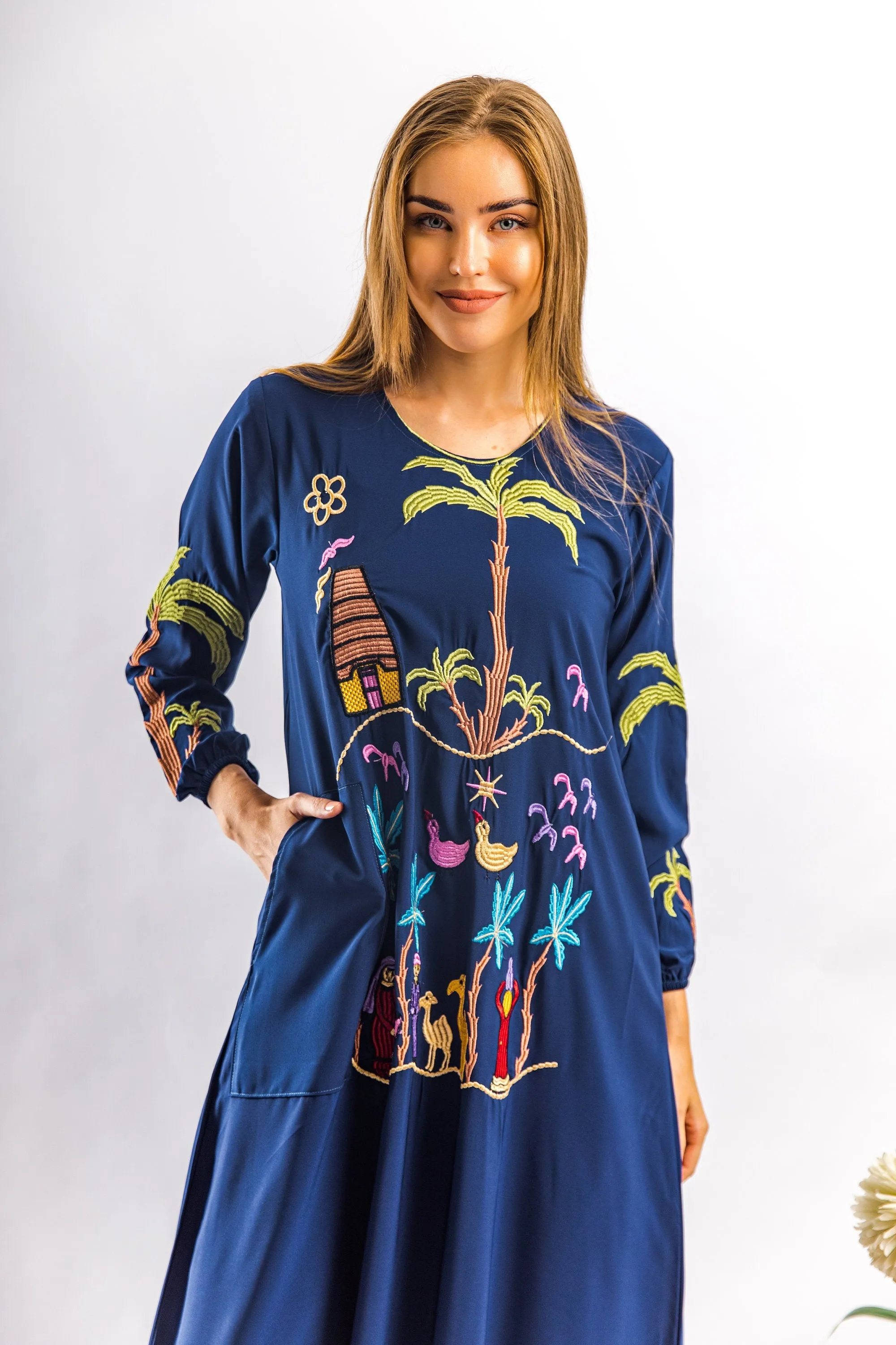 Navy Blue Kaftan dress with pocket, Egyptian embroidery Kaftan dress, Vibrant boho dress, Kaftans for women, caftans for women, kaftans