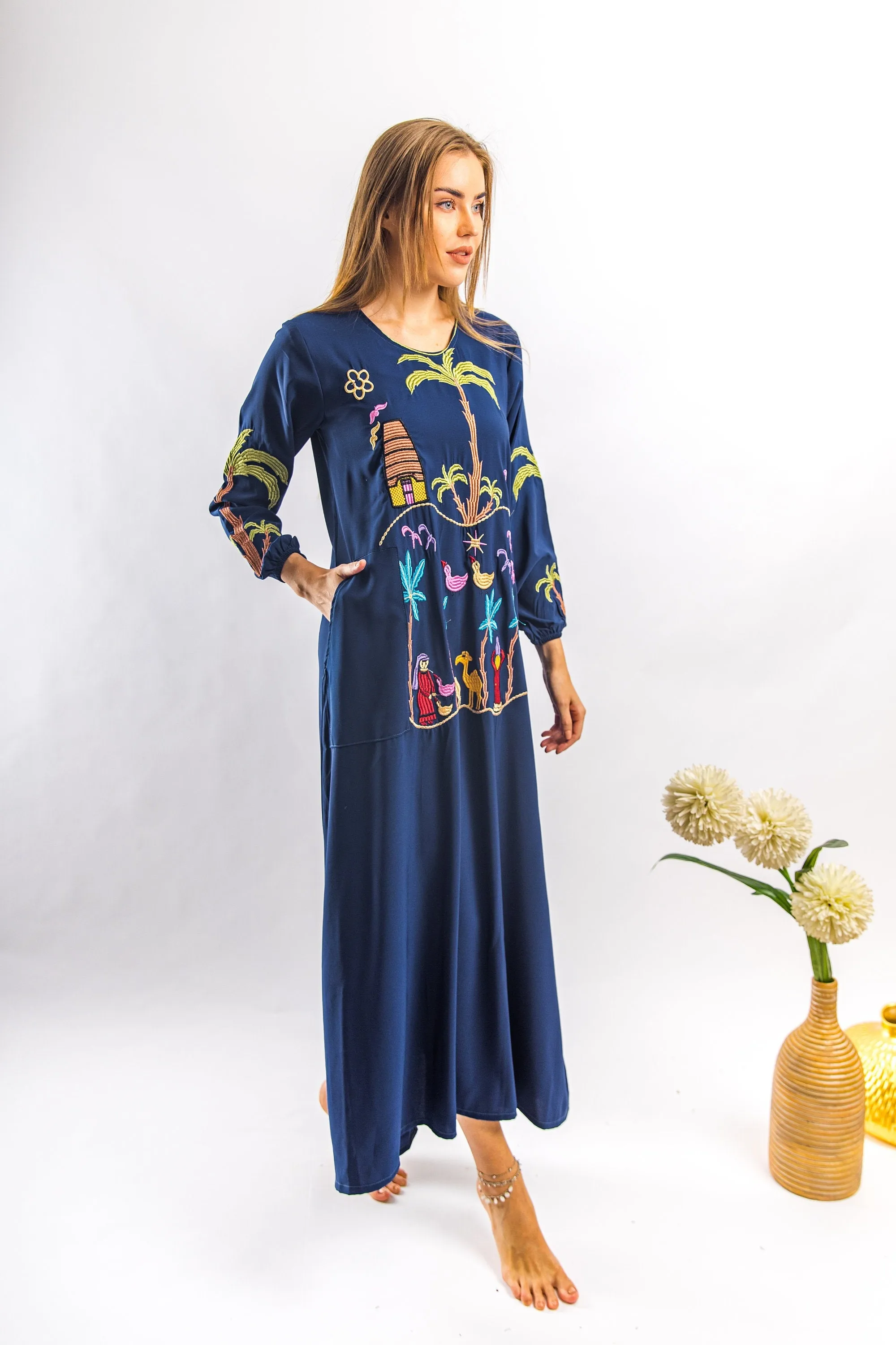 Navy Blue Kaftan dress with pocket, Egyptian embroidery Kaftan dress, Vibrant boho dress, Kaftans for women, caftans for women, kaftans