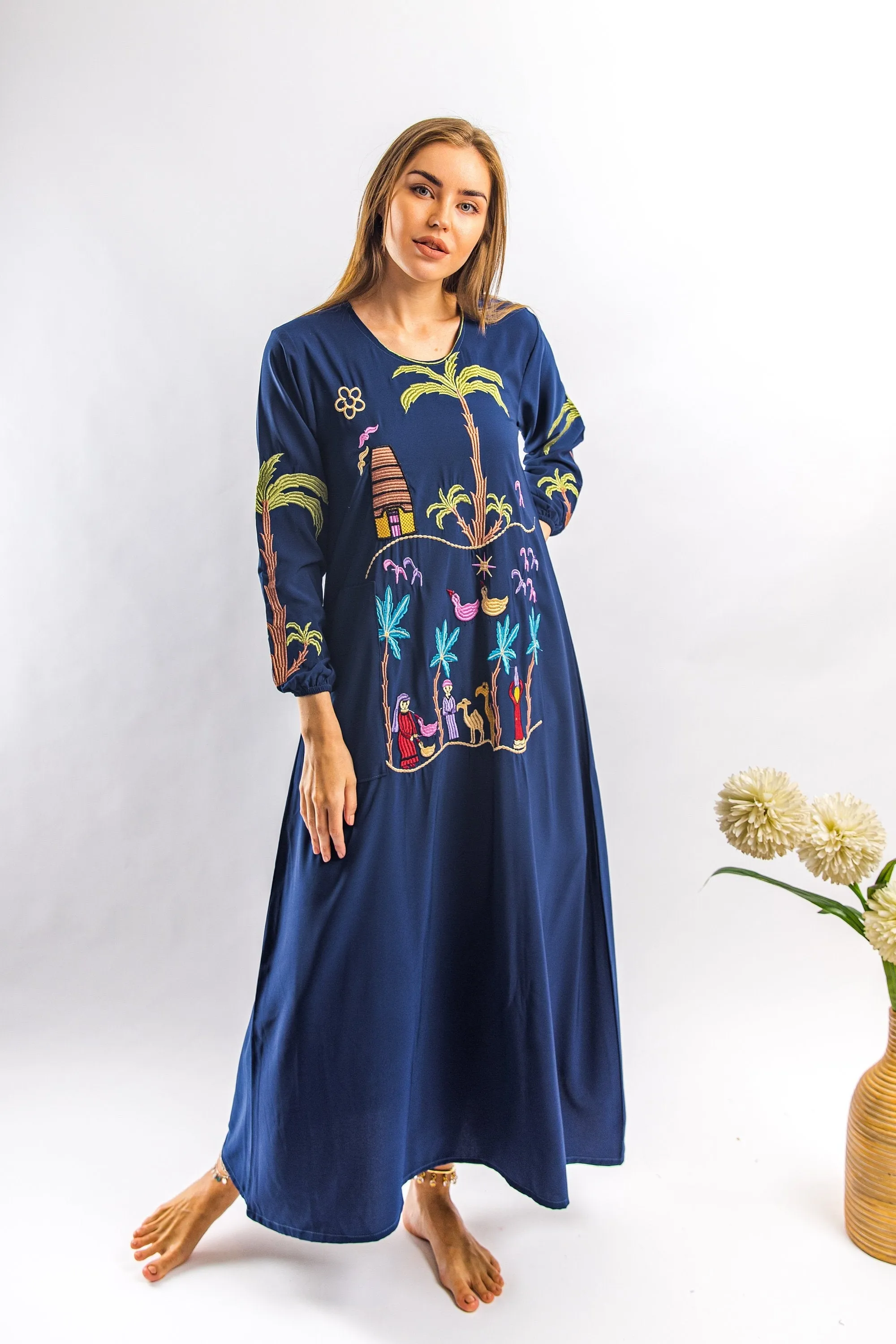 Navy Blue Kaftan dress with pocket, Egyptian embroidery Kaftan dress, Vibrant boho dress, Kaftans for women, caftans for women, kaftans