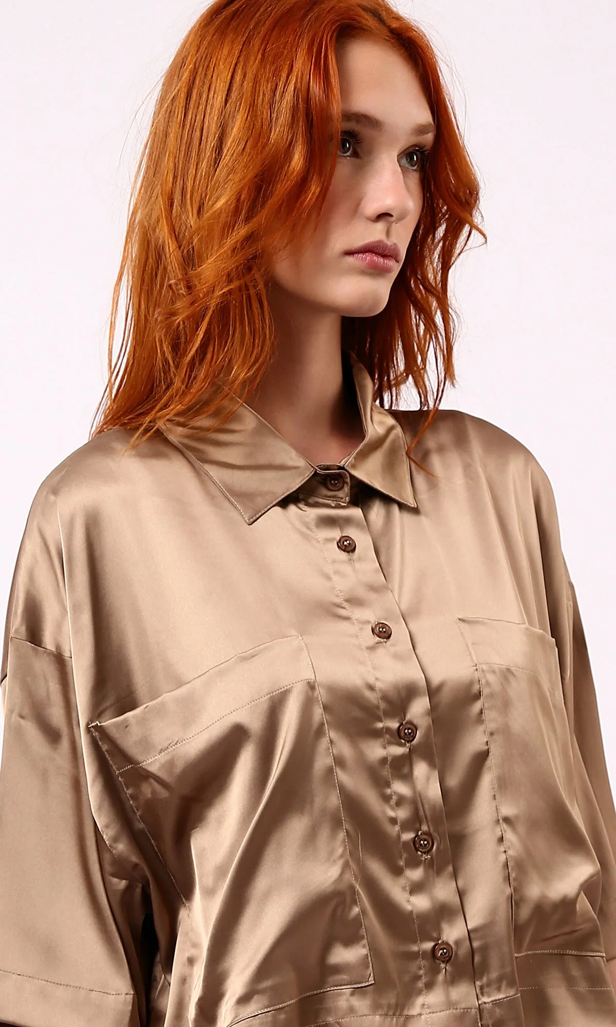 O182044 Dark Gold Shiny Evening Shirt With Front Pockets