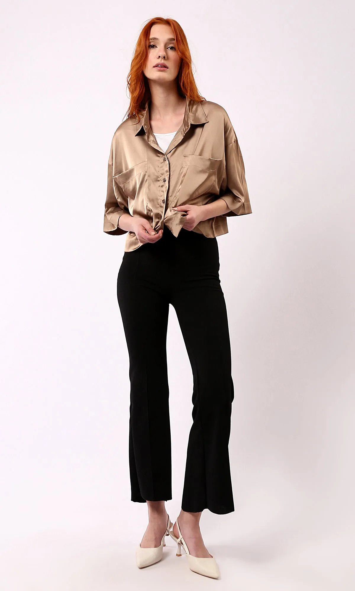 O182044 Dark Gold Shiny Evening Shirt With Front Pockets