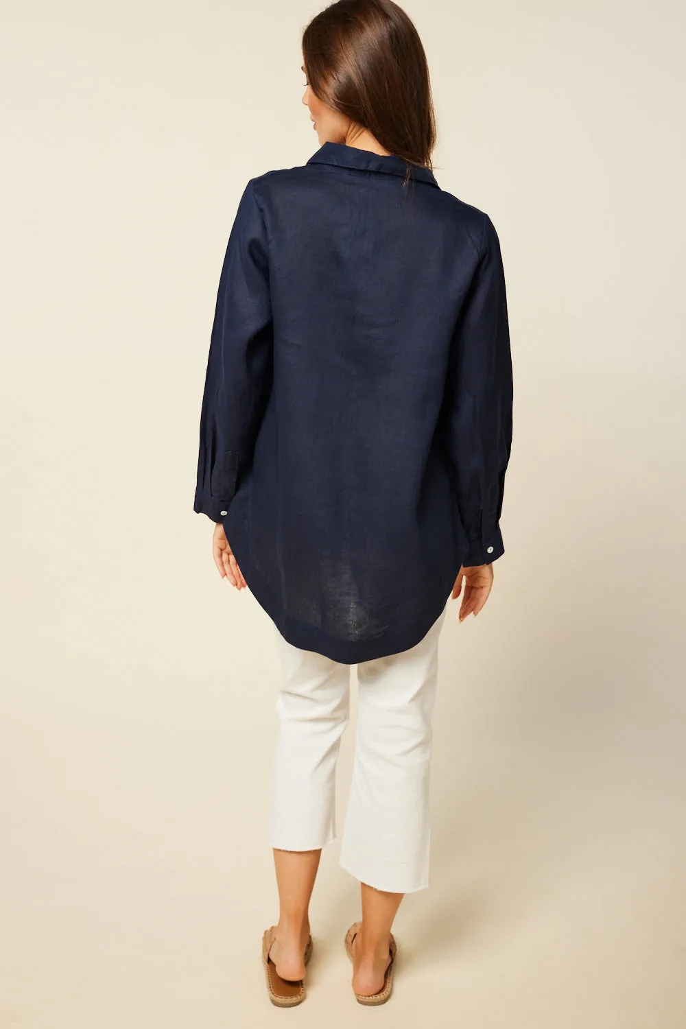 Oversized Linen Boyfriend Shirt in Navy