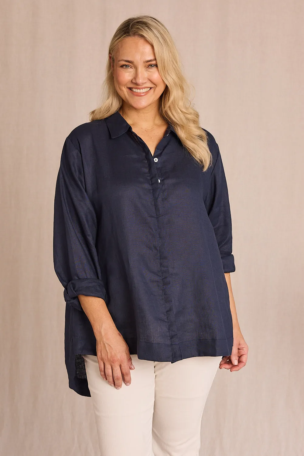 Oversized Linen Boyfriend Shirt in Navy