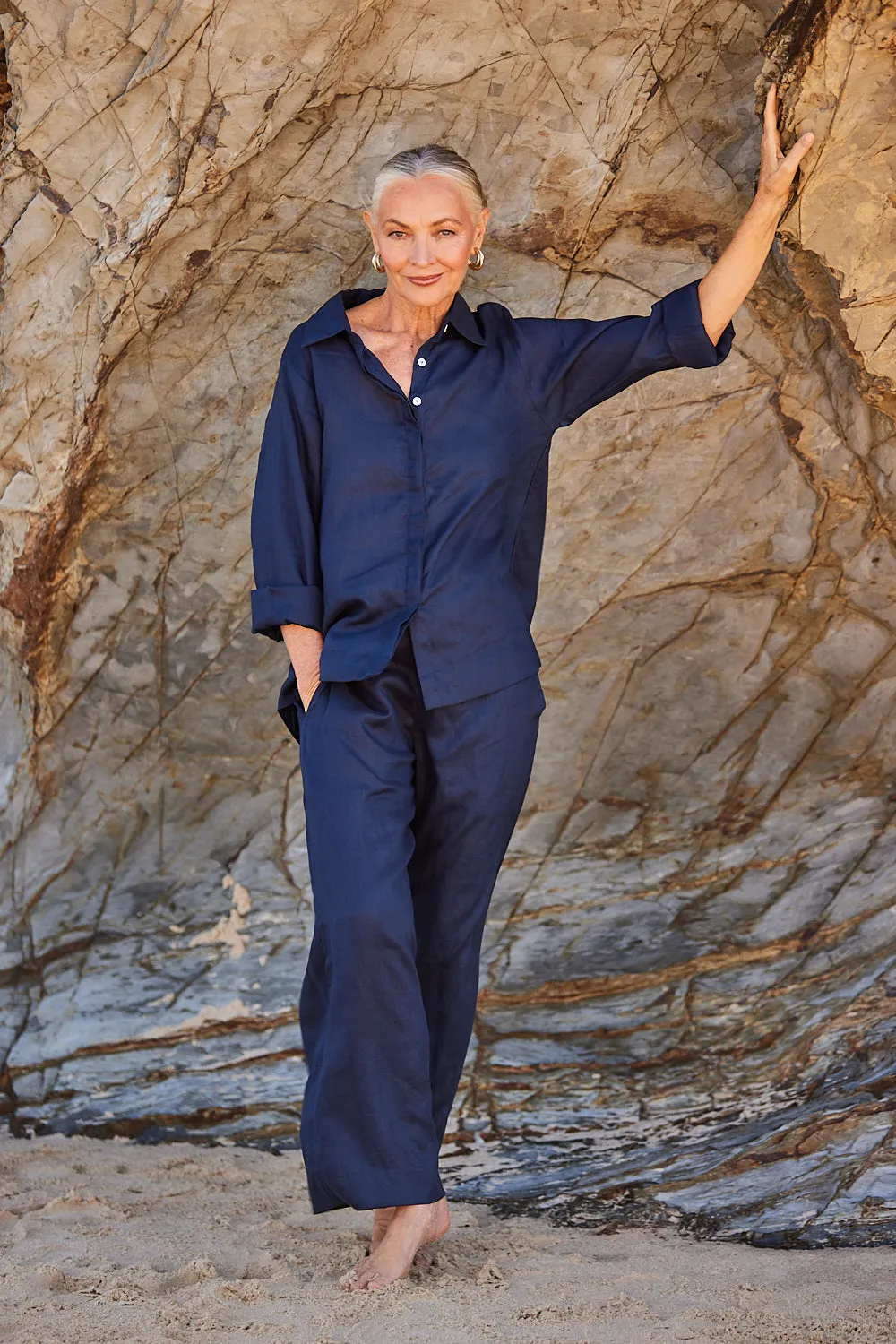 Oversized Linen Boyfriend Shirt in Navy