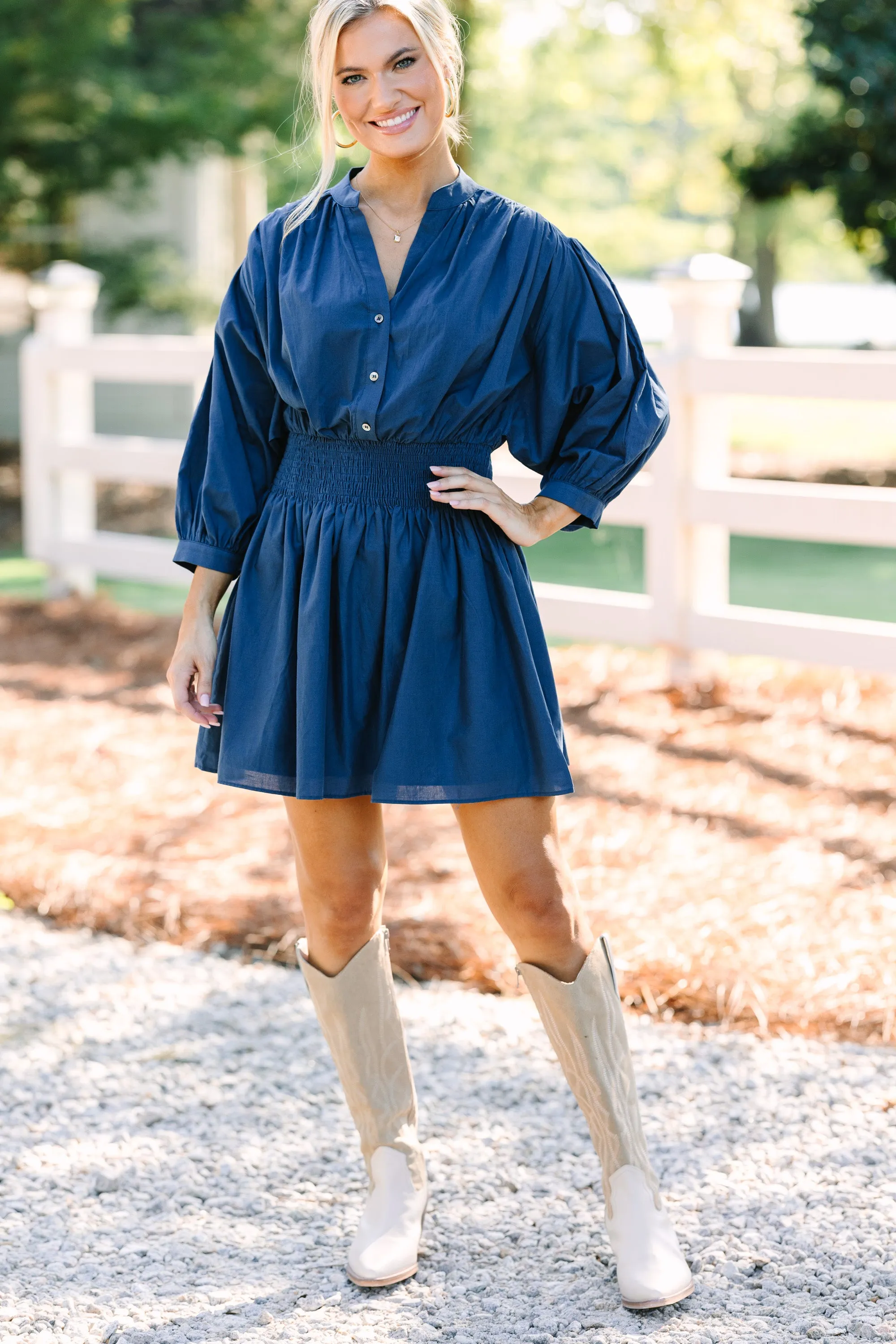 Pinch: Work For You Navy Blue Smocked Waist Dress