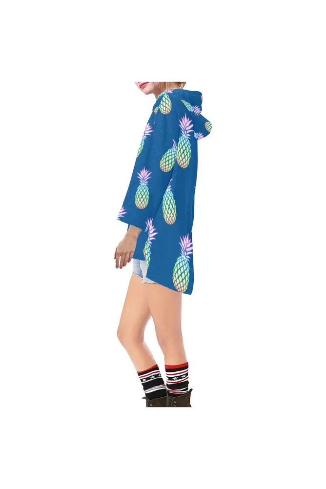 Pineapple Fiesta Blue Step Hem Tunic Hoodie for Women (Model H25)