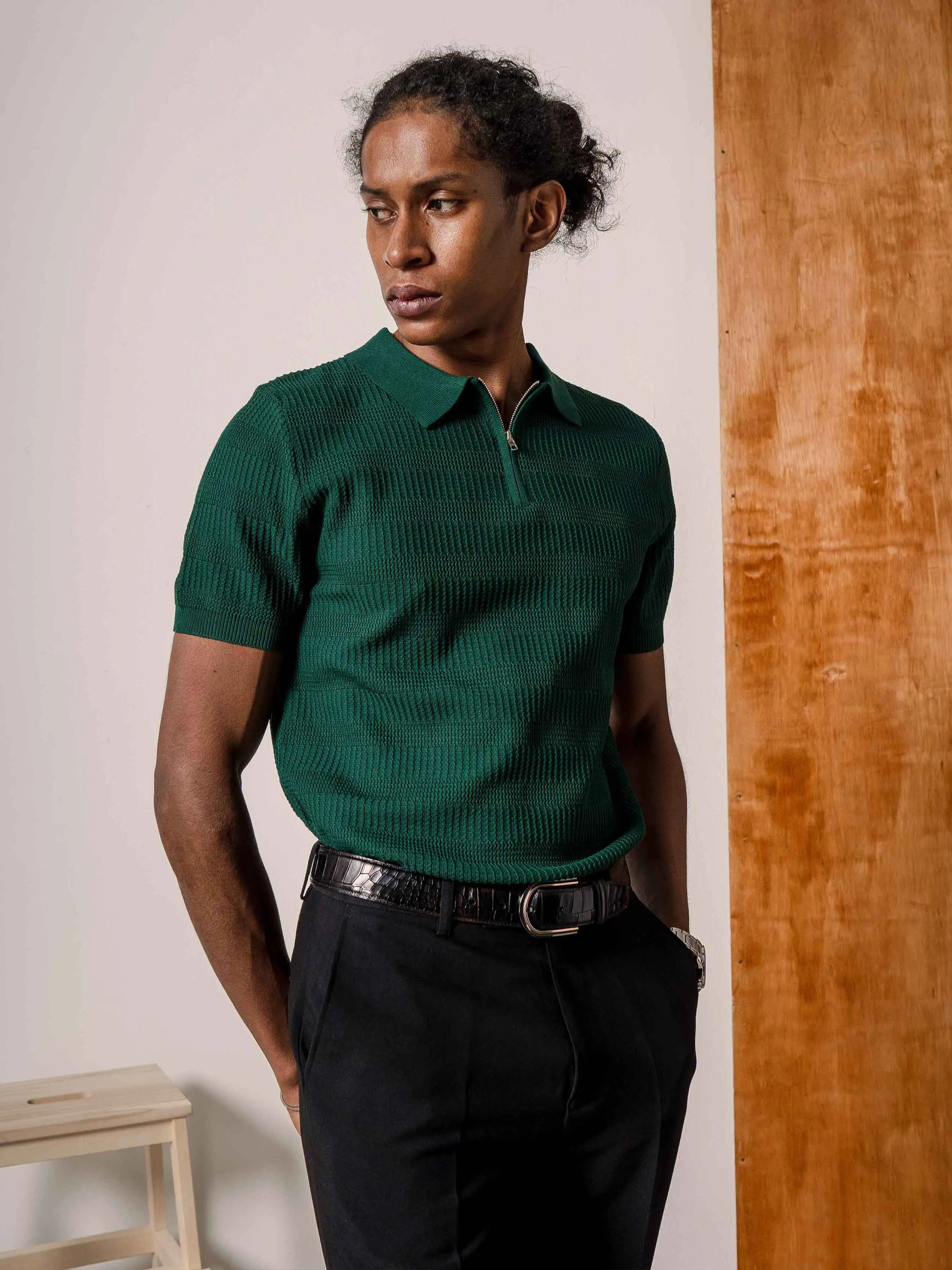 Riccardo Knit Polo Tee - Emerald Green Quarter-Zip