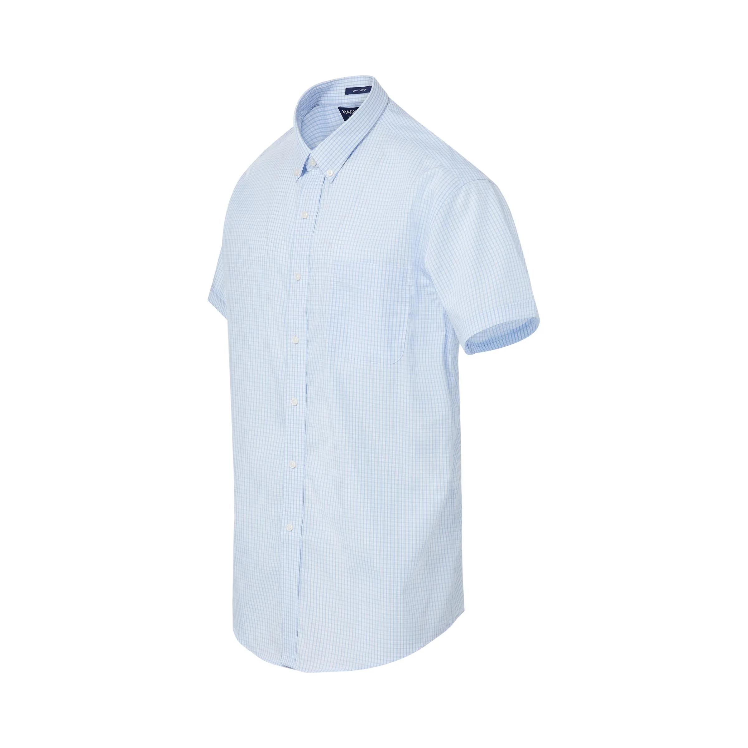 Short Sleeve Baby Blue and White Micro Plaid Cotton ‘Heights’ Shirt with Magnetic Closures