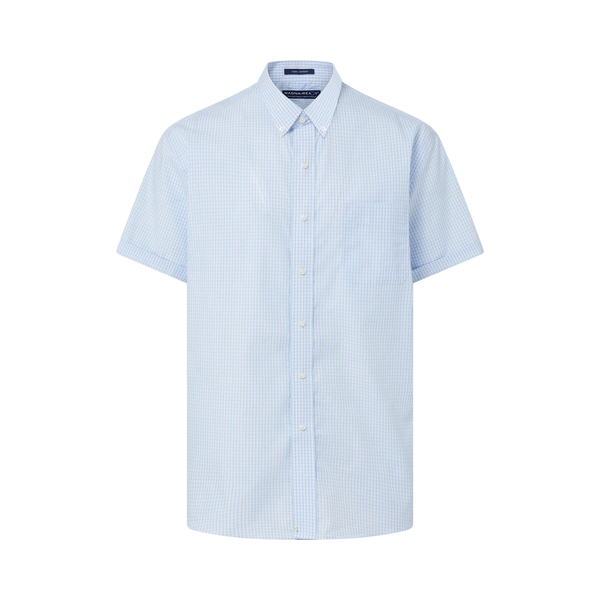 Short Sleeve Baby Blue and White Micro Plaid Cotton ‘Heights’ Shirt with Magnetic Closures