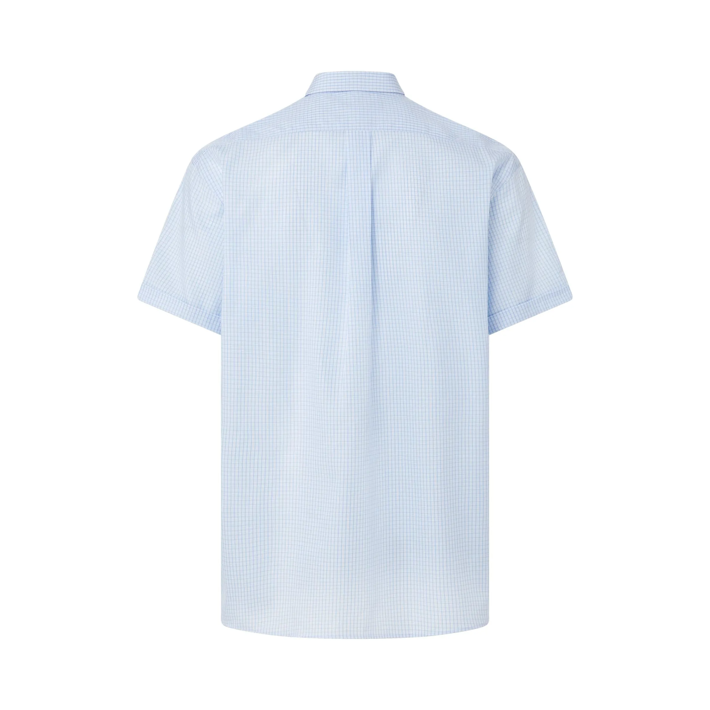 Short Sleeve Baby Blue and White Micro Plaid Cotton ‘Heights’ Shirt with Magnetic Closures