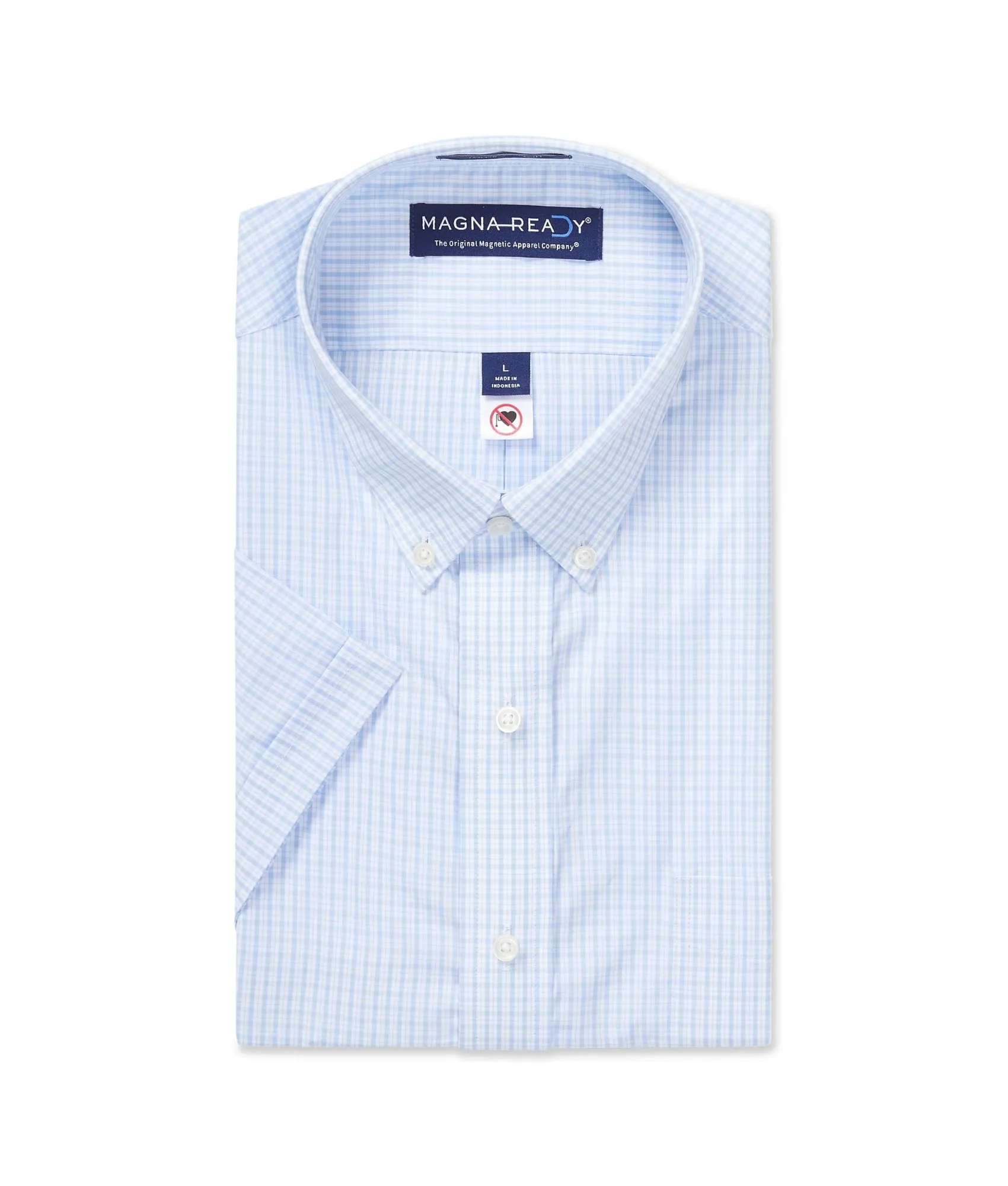 Short Sleeve Baby Blue and White Micro Plaid Cotton ‘Heights’ Shirt with Magnetic Closures