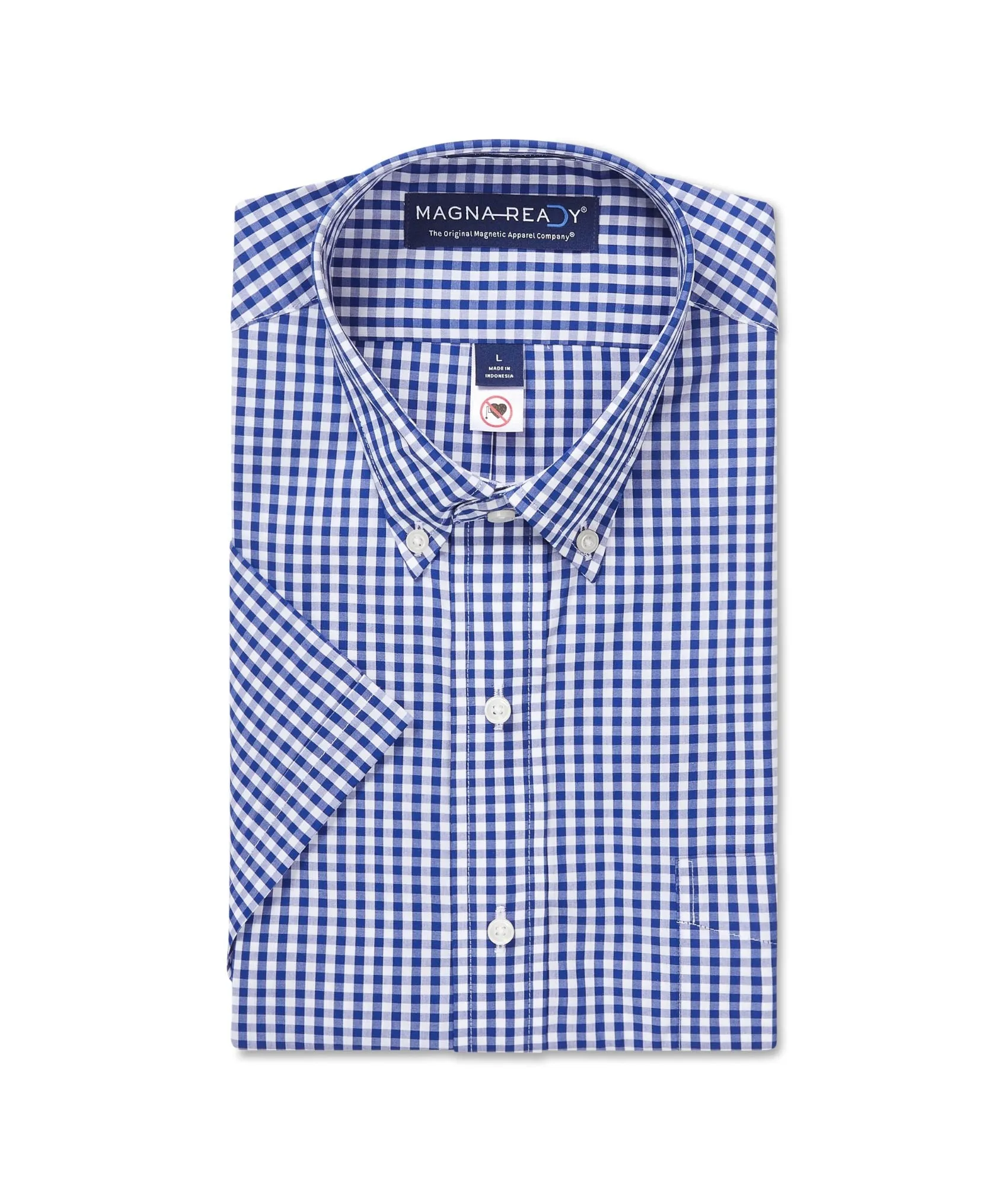 Short Sleeve Navy and White Classic Gingham ‘Heights’ Shirt with Magnetic Closures