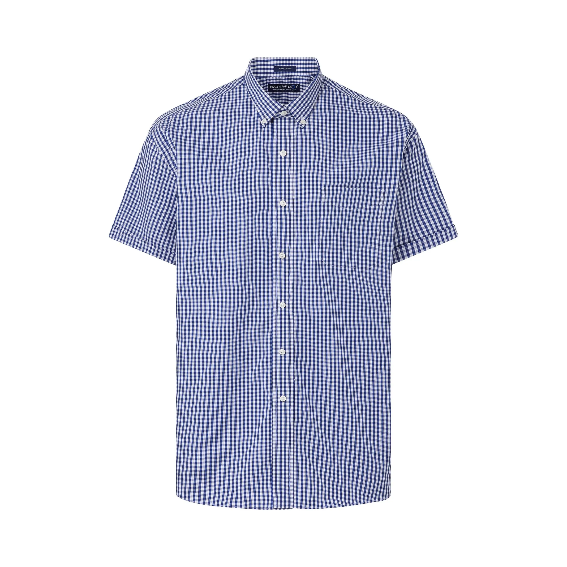 Short Sleeve Navy and White Classic Gingham ‘Heights’ Shirt with Magnetic Closures