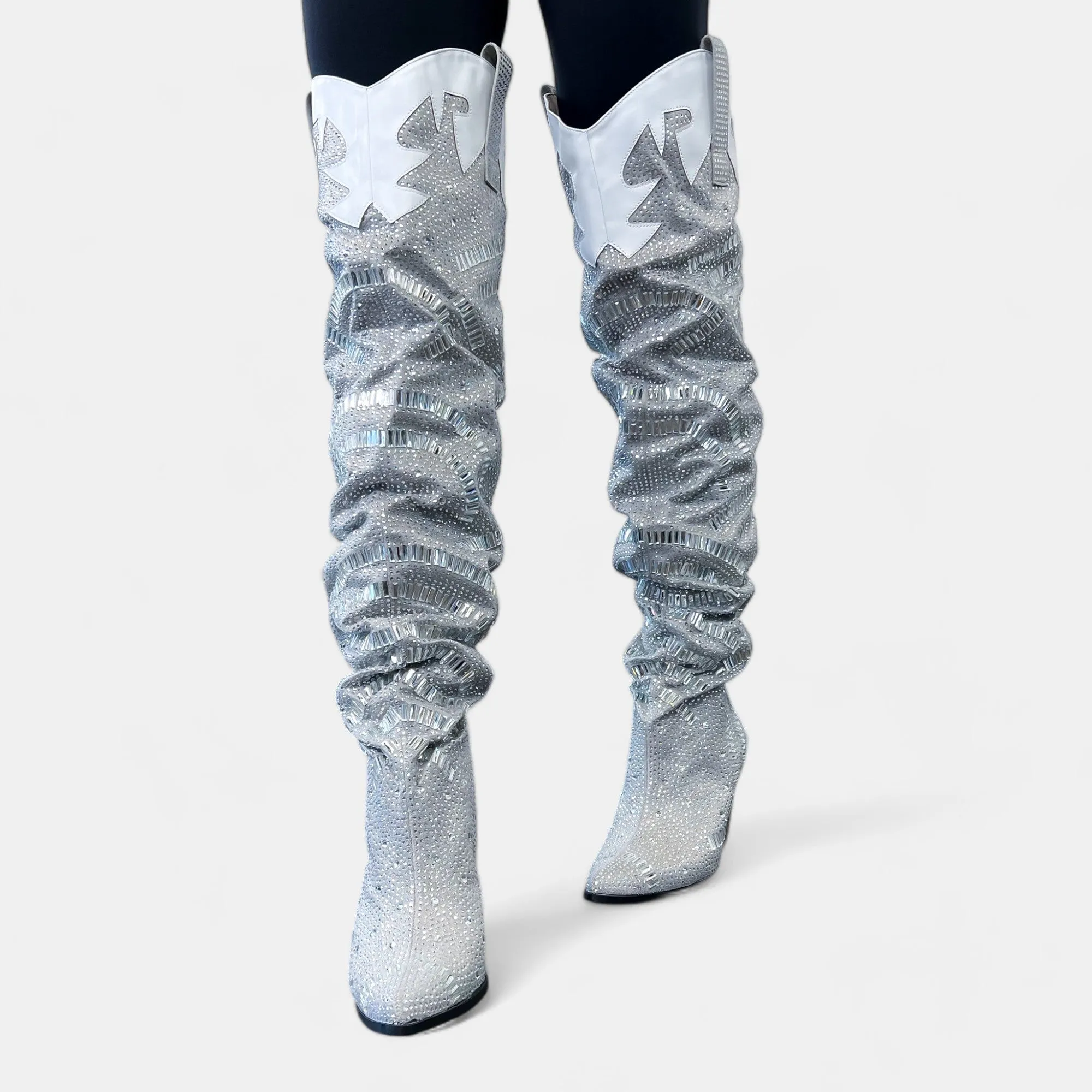 Silver Rhinestone Western Slouchy Boots