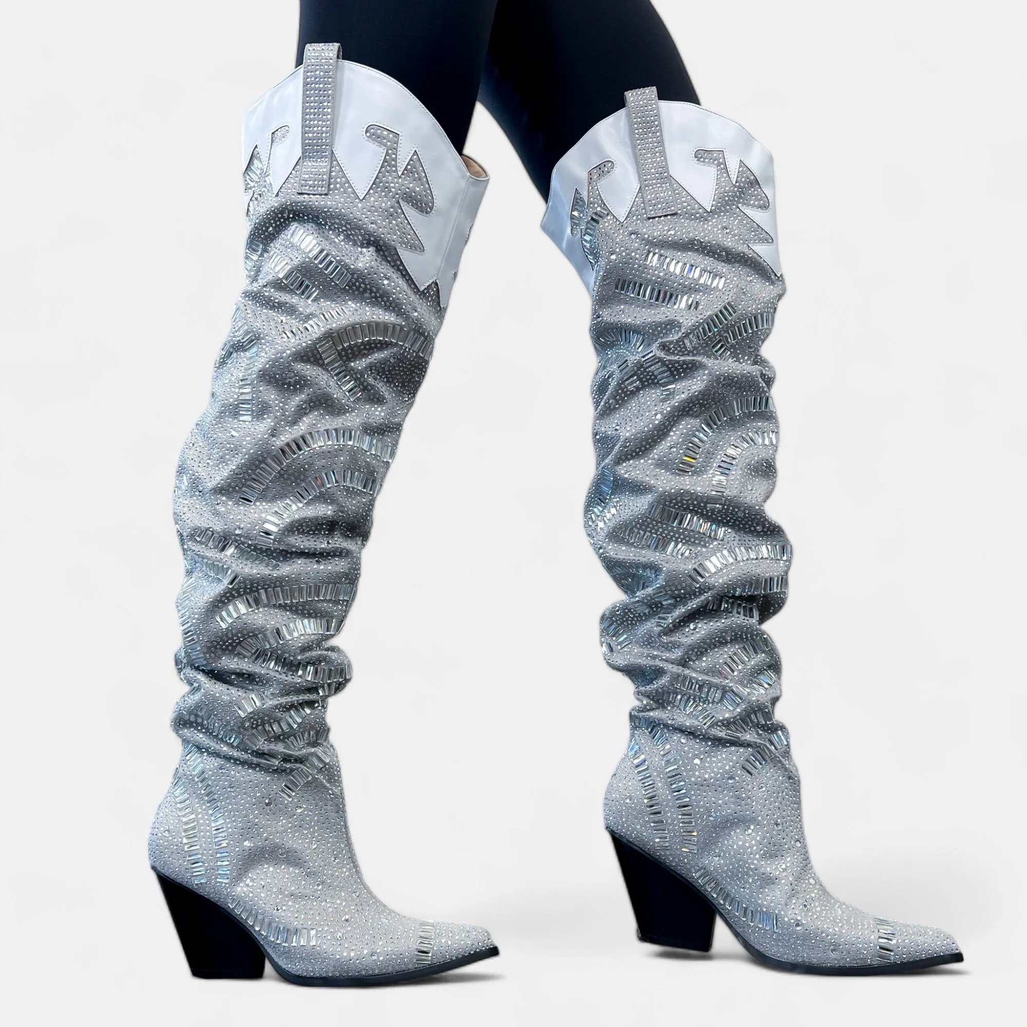 Silver Rhinestone Western Slouchy Boots