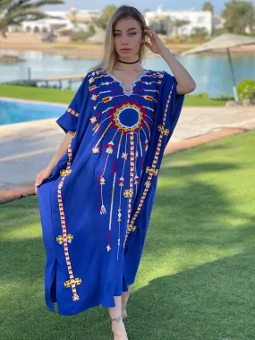 Siwa embroidered blue cotton caftan, short embroidered kaftan, chic caftan, Summer Kaftan, Egyptian cotton Caftans for women, cotton caftan