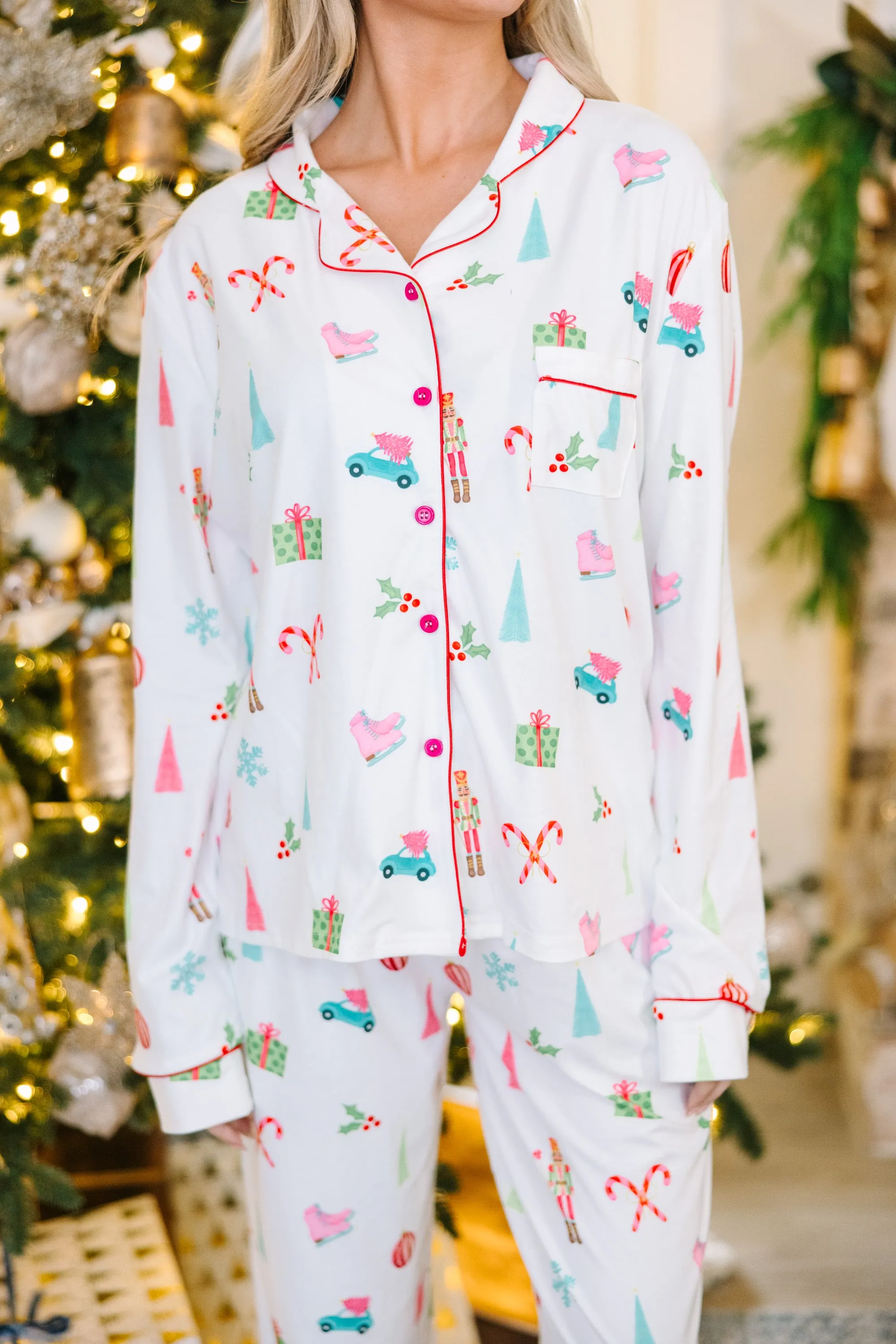 Staying In White Holiday Print L/S Pajama Set