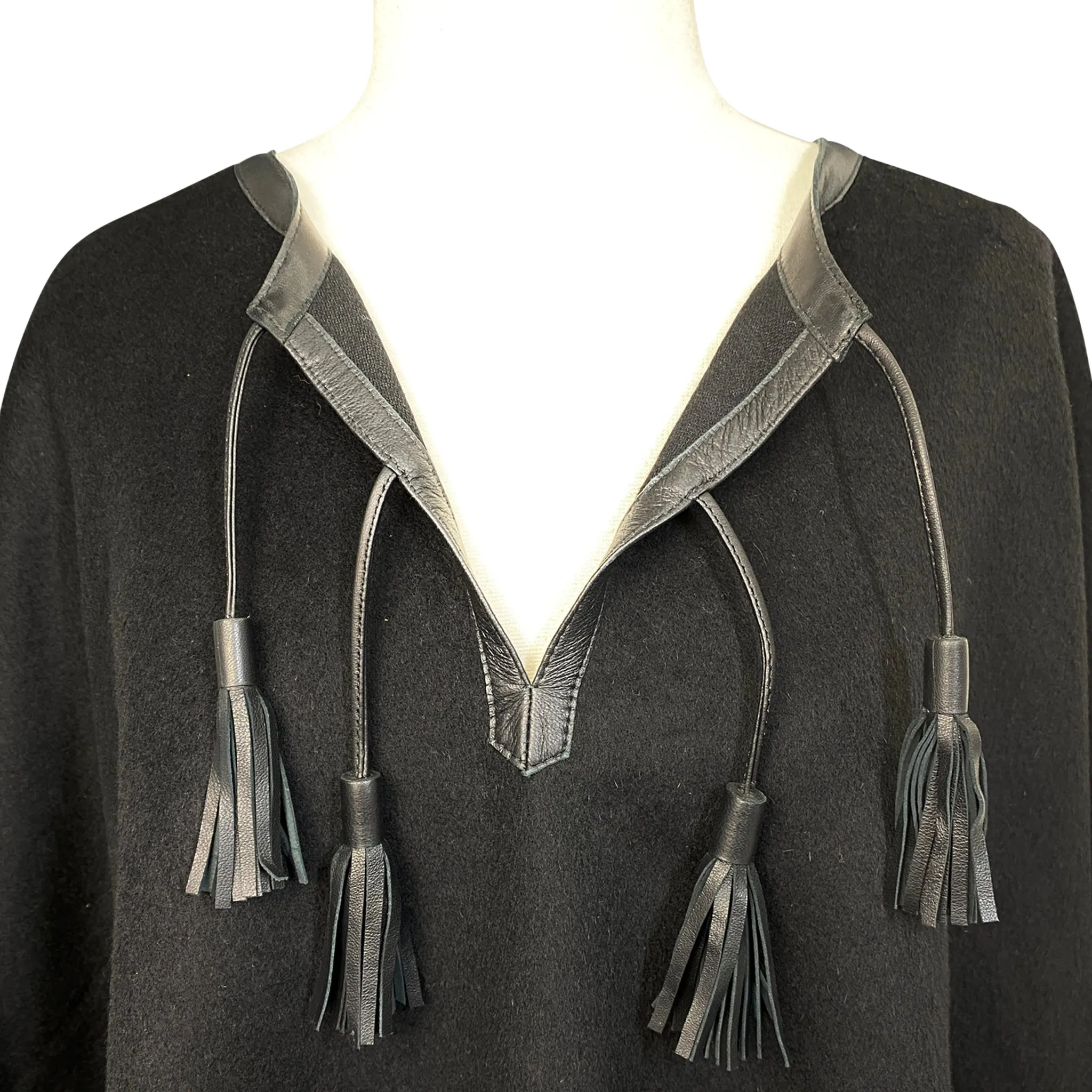 Stick & Ball Tassel Alpaca Poncho in Black - O/S