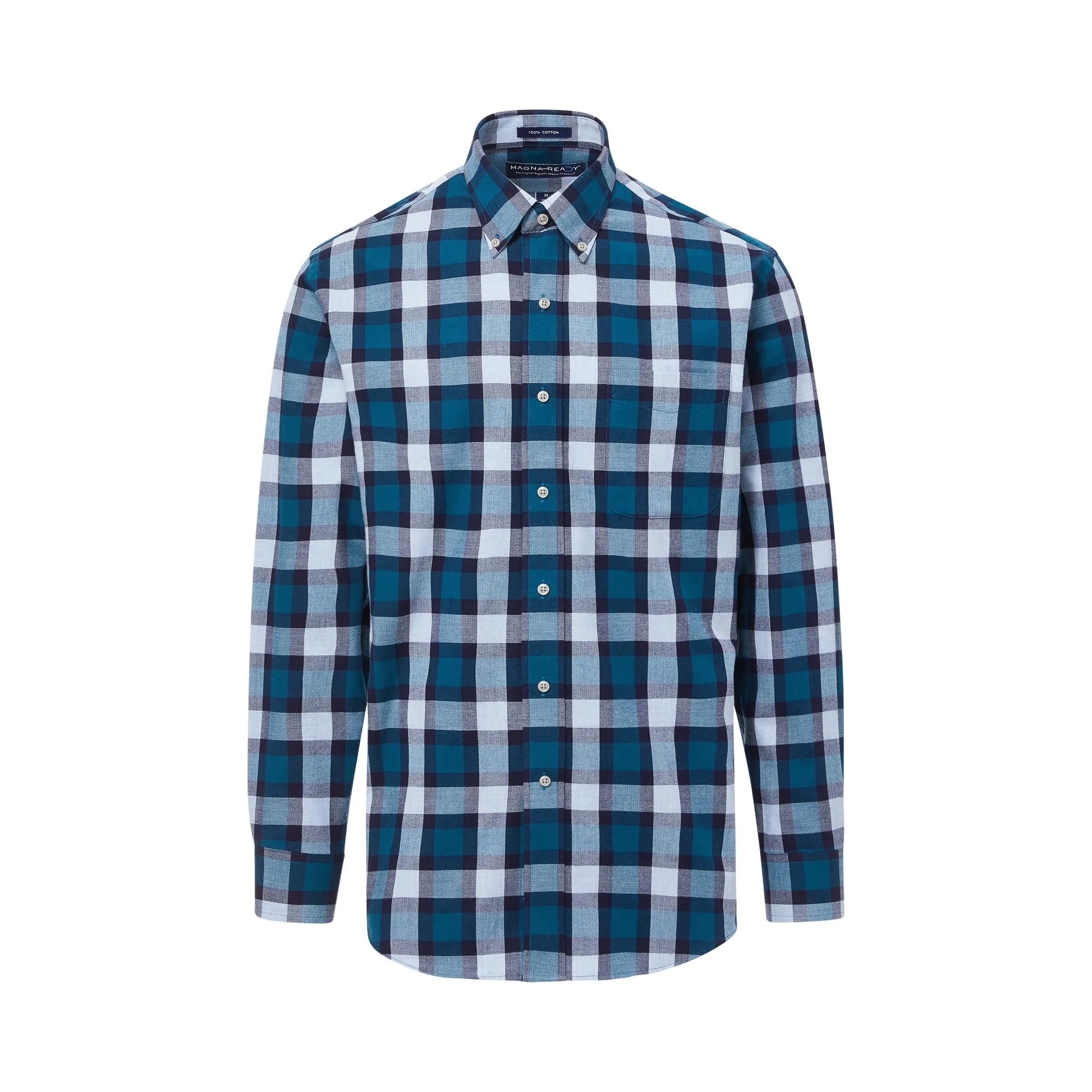 Teal and Green Check Button Down Flannel Long Sleeve Shirt with Magnetic Closures