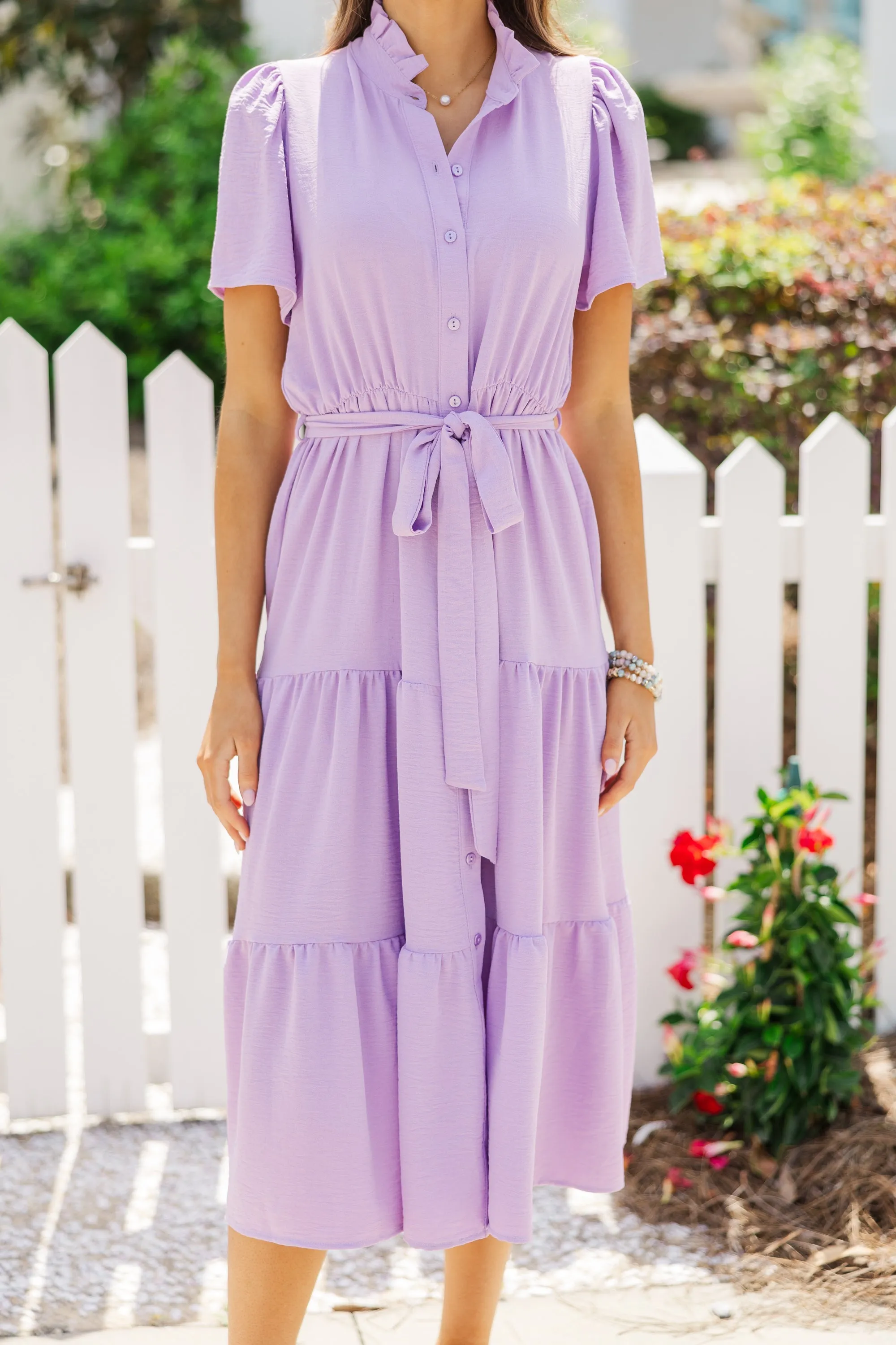 Tell It All Lavender Purple Button Down Midi Dress