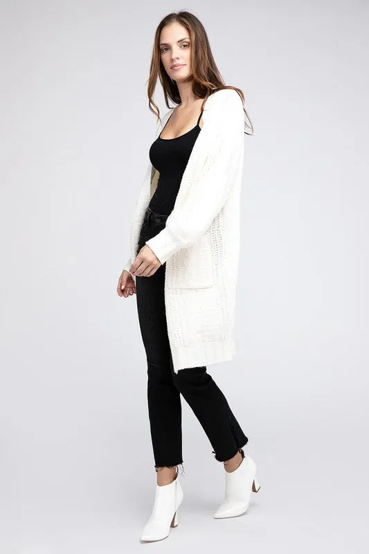 Twist Knitted Open Front Cardigan With Pockets