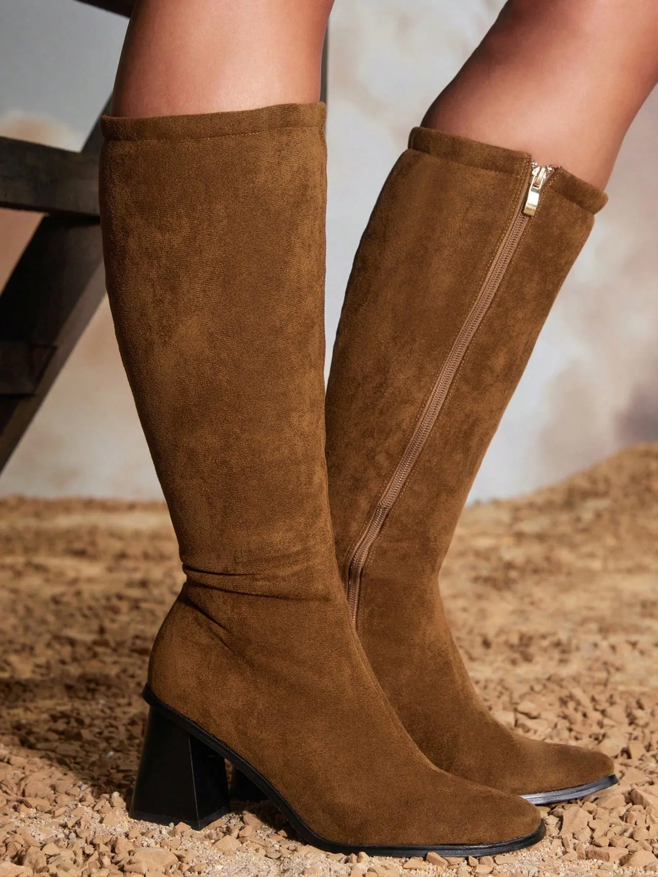 Woman Shoes Fashion Square Toe Comfortable Brown High Heeled High Top Western Boots