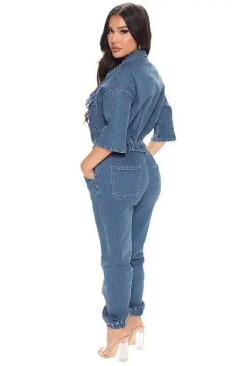 Women's Denim Jumpsuit Tie-waist