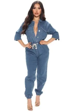 Women's Denim Jumpsuit Tie-waist