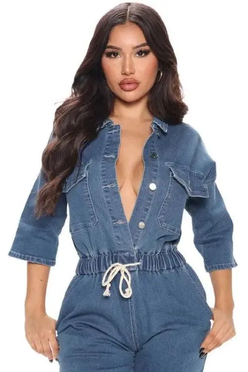 Women's Denim Jumpsuit Tie-waist